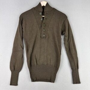 Vintage Army Wool Sweater S-M Brown 5-Button Henley Mock-Neck Preppy Heritage